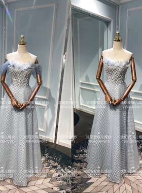 柏艺许许的纱鼎昱品牌正品新娘婚礼两穿蓝色轻纱敬酒晚宴礼服出租