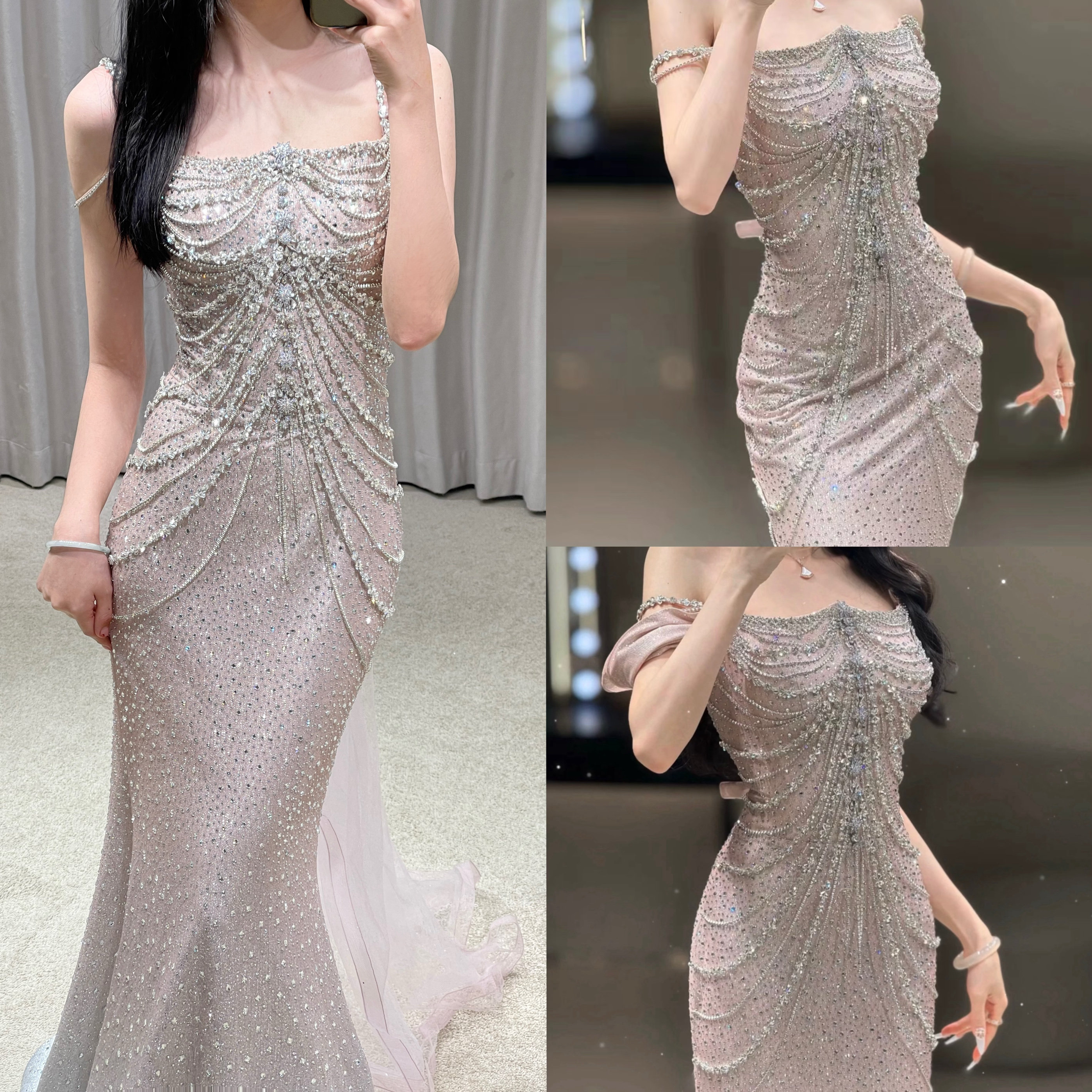 Muzi婚纱礼服新款新娘慕姿正品一字肩重工奢华收腰钉珠褶皱鱼尾裙