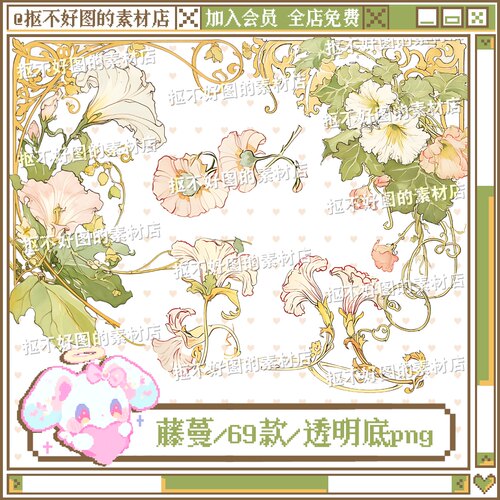 穆夏装饰藤蔓花朵边框元素透明底png图片原创饭圈美工设计水印