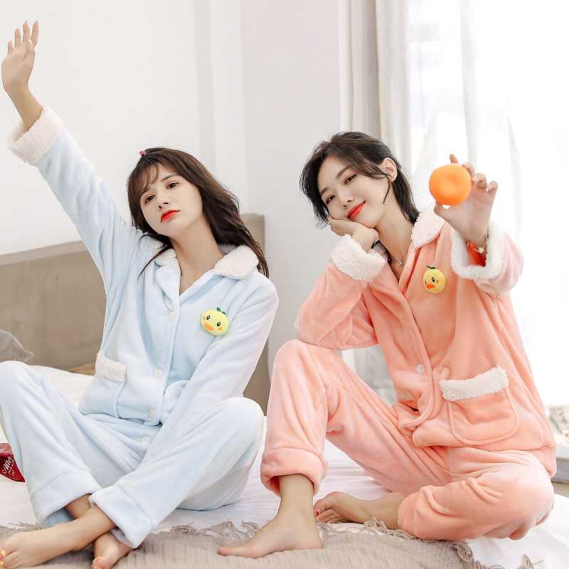秋冬季珊瑚绒睡衣女毛茸茸可爱套装韩版加厚保暖法兰绒情侣家居服