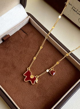 马上有钱~新中式闪钻小马红色滴油爱心项链女精致本命年复古项饰