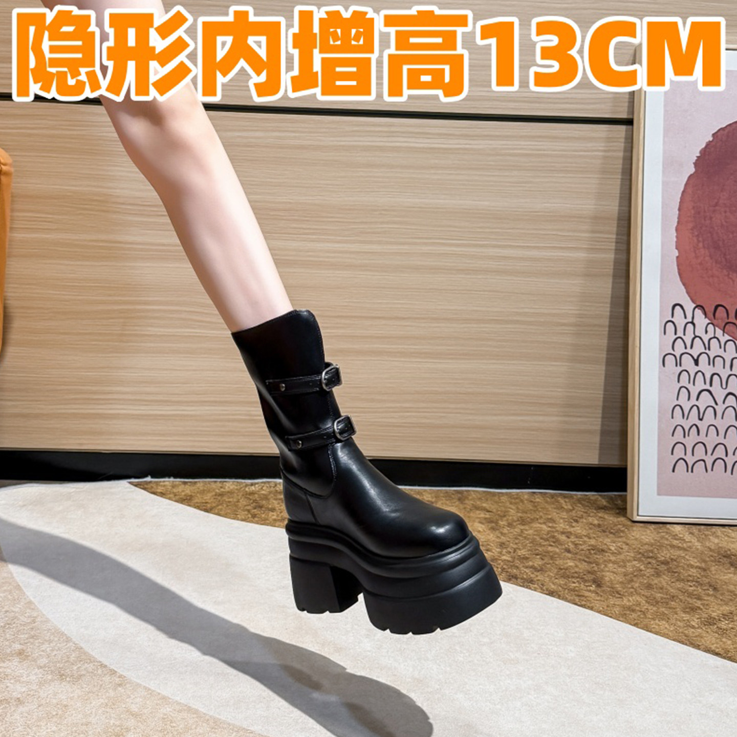 显瘦中筒骑士靴百搭内增高马丁靴女2025春秋新款小个子厚底短靴子