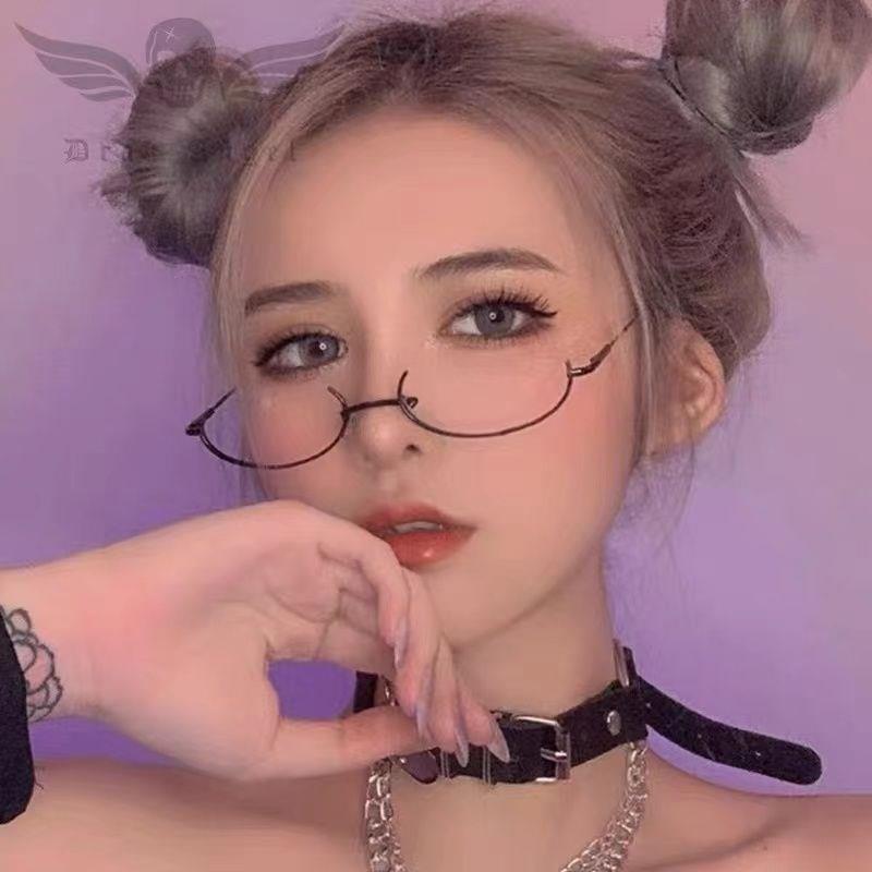 网红纯欲眼镜框架女无镜片二次元椭圆下半框眼镜女软妹拍照凹造型