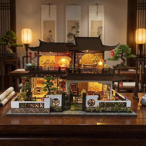 拼装玩具美代木质中式古建筑DIY小屋手工拼装模型带灯光装饰摆件