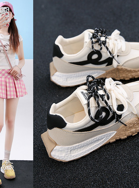 复古阿甘德训鞋女2025新款秋季爆款黄色内增高休闲鞋拼色运动女鞋