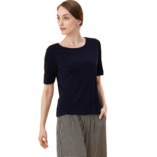 春夏新款重磅加捻真丝中袖T恤女一字领黑色针织桑蚕丝短袖上衣