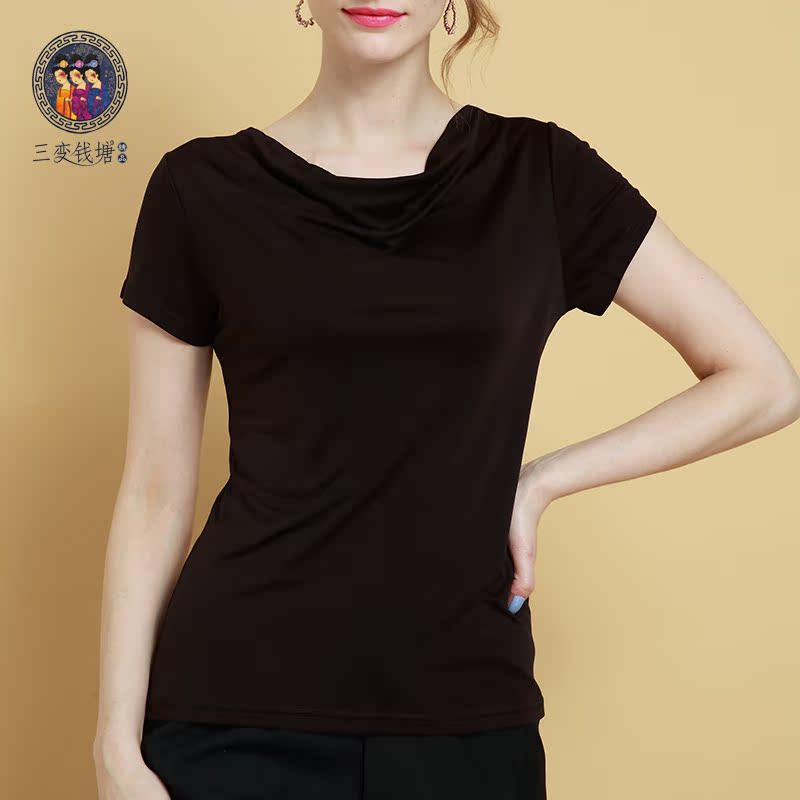 短袖堆堆领荡领真丝针织T恤上衣