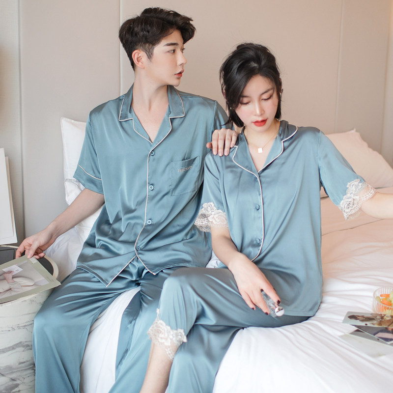 3冰丝情侣睡衣女夏季薄款短袖长裤花边套装时尚缎面丝绸家居服男