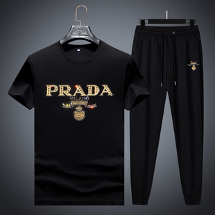 大码 烫钻圆领短袖 半袖 男士 夏季 休闲运动套装 t恤长裤 轻奢大牌男装