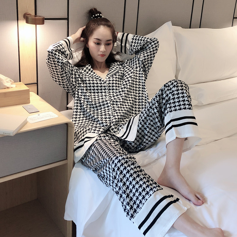 睡衣女ins潮网红冰丝千鸟格加大码胖mm200斤春夏可外穿家居服套装