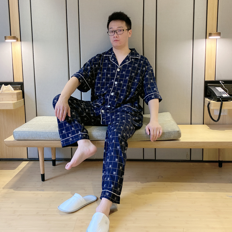加肥加大肥佬纯棉格子短袖长裤可外穿纯棉透气休闲开衫家居服套装
