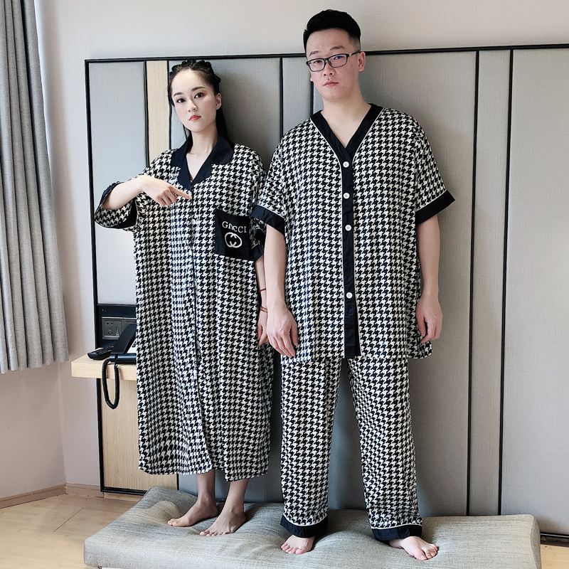 夏季冰丝大码情侣睡衣200斤千鸟格女睡裙中长款男短袖家居服套装