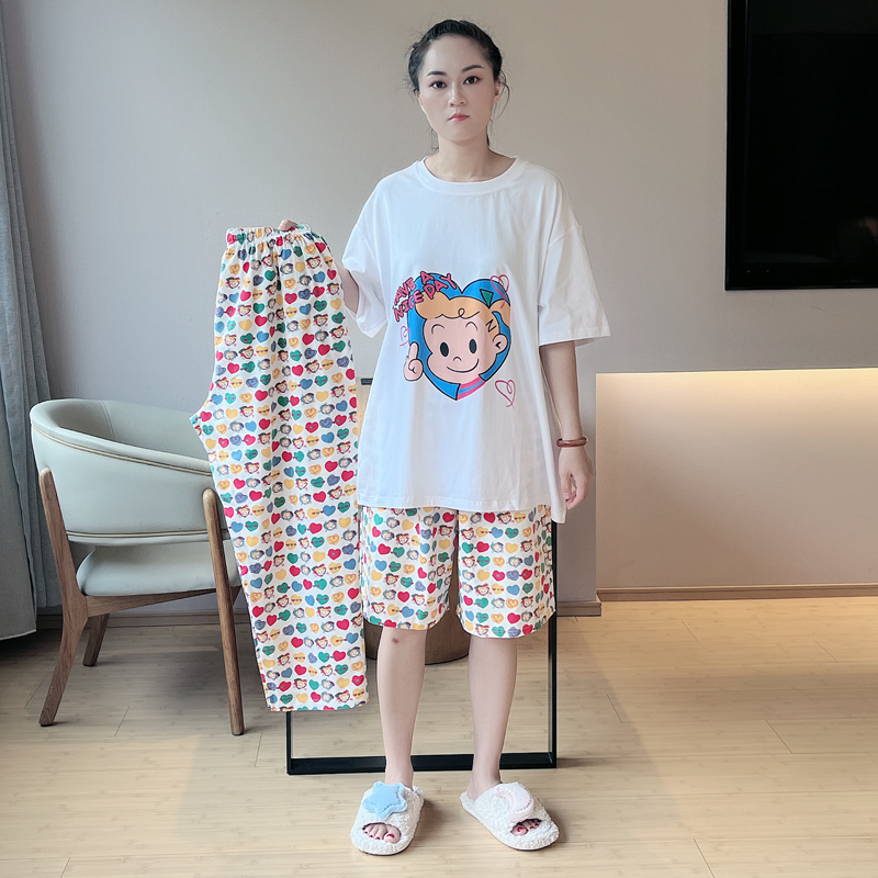 三件套纯棉夏季睡衣女加肥