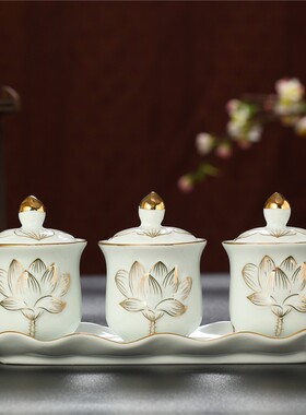 陶瓷白莲花浮雕供酒杯供具仙家 财神酒杯 供水杯 净水杯 招财进宝