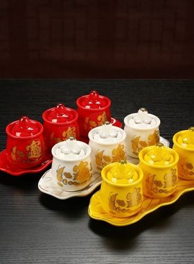 带盖陶瓷家用财神水杯关公敬酒杯净水茶杯财神道家财神专用杯