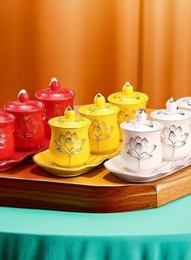 家用带盖仙用酒杯水杯陶瓷莲花供水专用杯佛堂供观音水杯净水杯