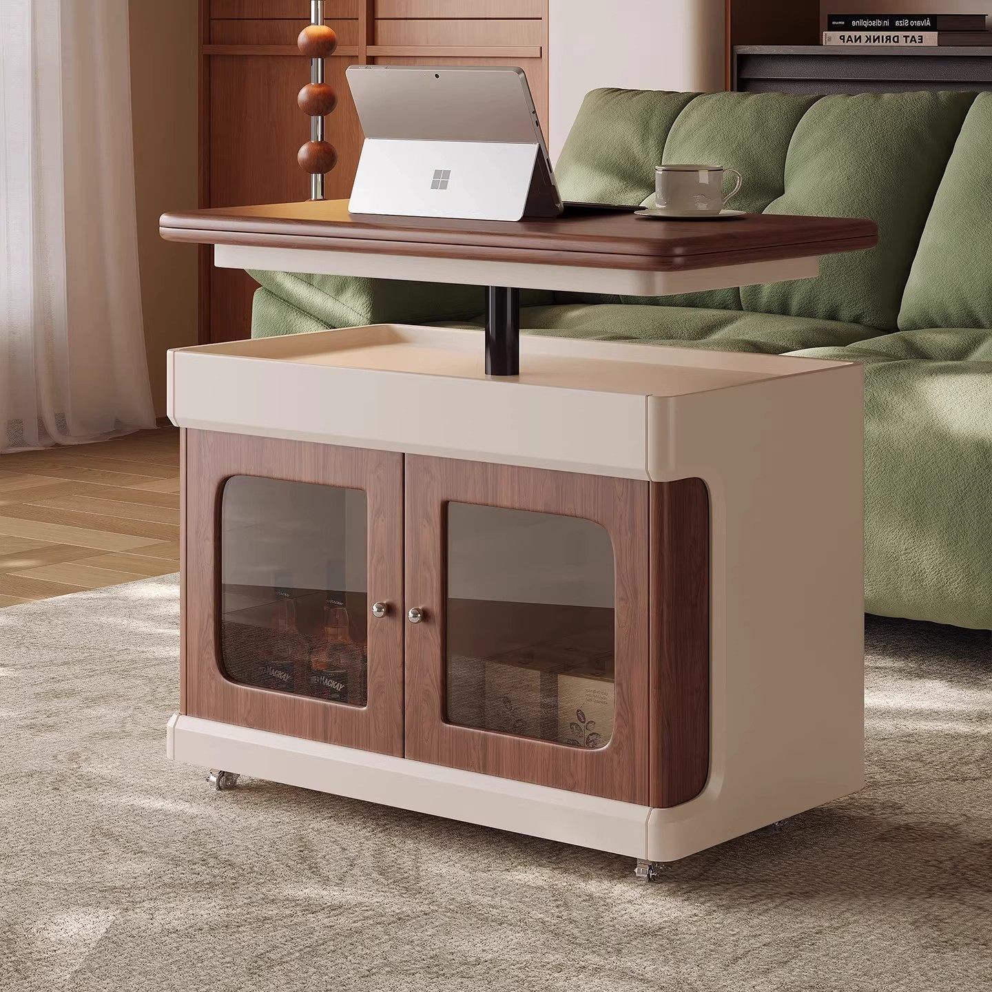 可移动茶几奶油中古风可伸缩沙发边几家用多功能可升降折叠小推车