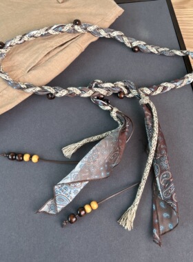 2025秋波西米亚风丝巾蜡绳编织腰链细腰带搭配拖地裤半裙串珠腰绳