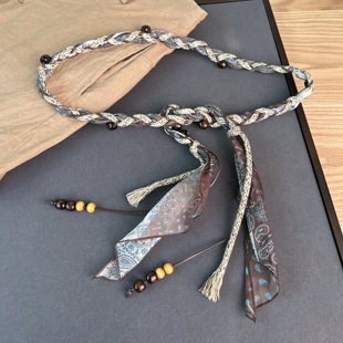 2025秋波西米亚风丝巾蜡绳编织腰链细腰带搭配拖地裤半裙串珠腰绳