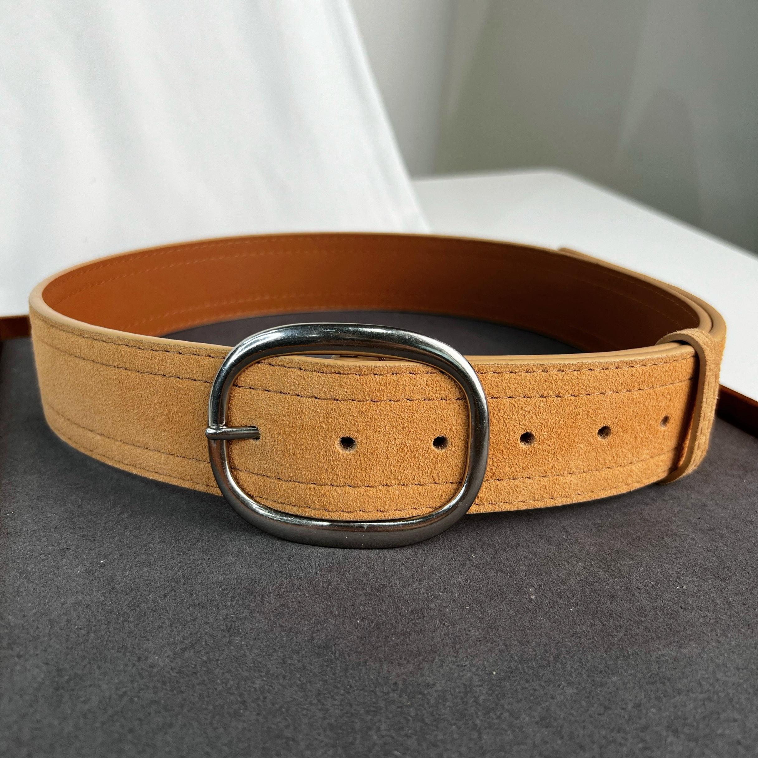 法式复古仿麂皮绒面宽腰带女古银扣牛二层反绒皮带腰封配牛仔裤新