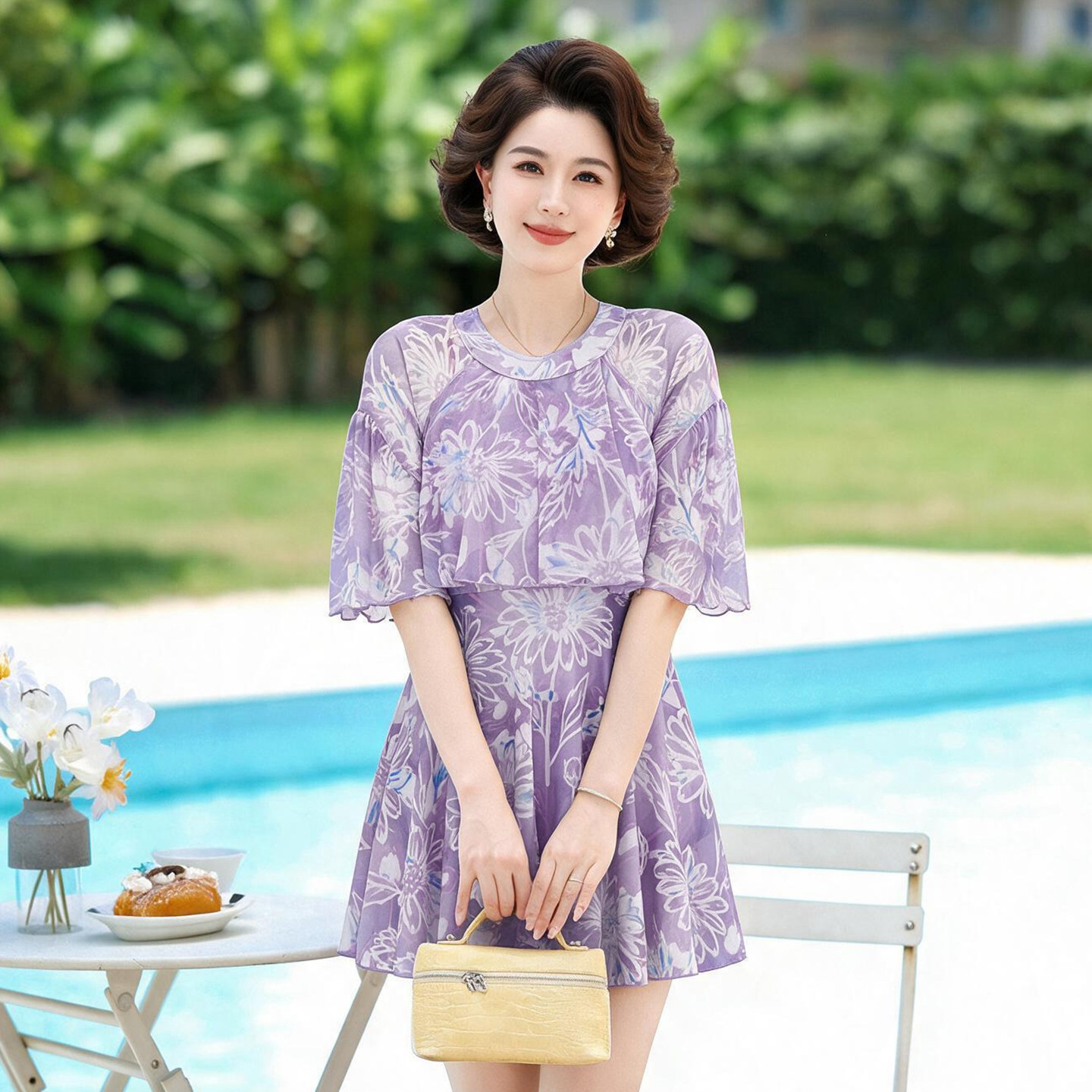 加大码裙式连体泳衣女保守宽松中老年妈妈显瘦沙滩游泳装温泉遮肉