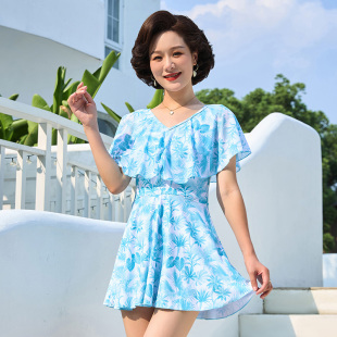 加肥连体保守显瘦胖mm200斤遮肚温泉泳装 中老年泳衣女妈妈款 大码