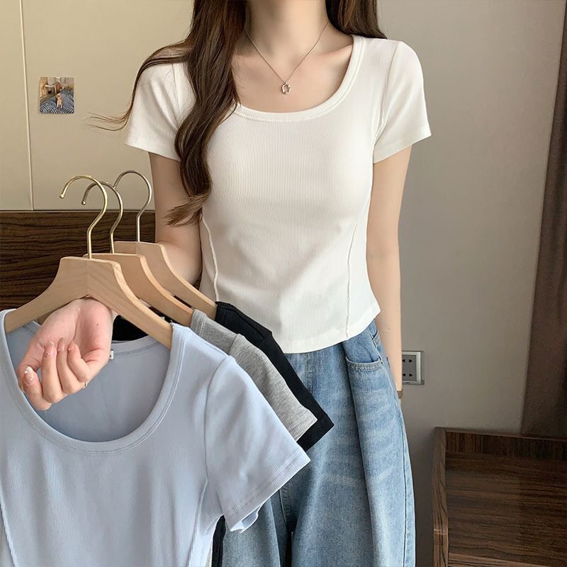 白色正肩短袖t恤女夏季2025新款insU领修身显瘦短款上衣打底衫潮