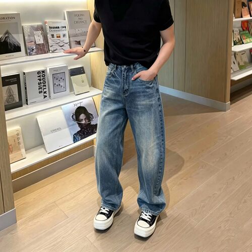 高级感美式复古蓝色弯刀裤男宽松