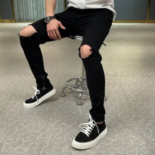 设计感破洞牛仔裤男黑色夏季新款脚口拉链高级大破洞休闲长裤子潮