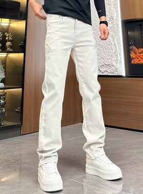 高级感灰白色牛仔裤男合身小直筒2026新款潮流简约百搭净版长裤子