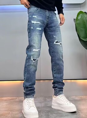 设计款假破洞牛仔裤男修身小直筒2025秋季新款复古乞丐小脚长裤子