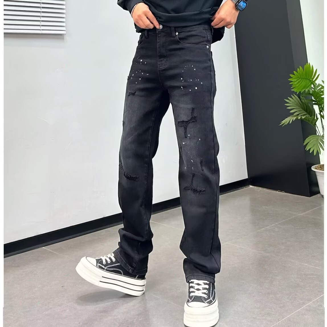 设计刮烂牛仔裤男黑灰色秋冬新款