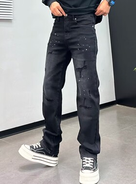 设计款刮烂牛仔裤男黑灰色秋冬新款美式休闲泼墨印花宽松直筒长裤