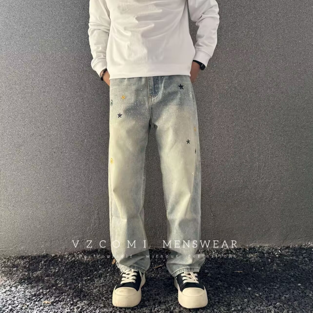 高端美式休闲直筒牛仔裤男烫钻刺