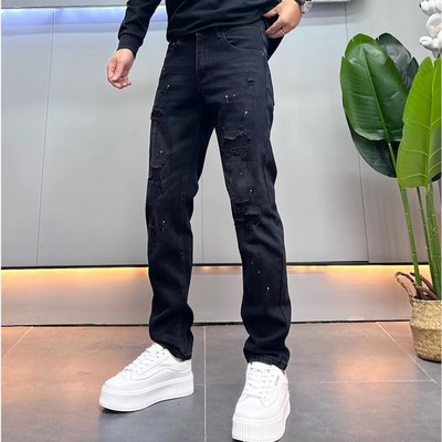 设计款假破洞牛仔裤男修身小直筒