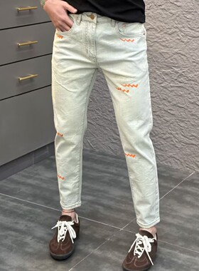 设计款手绘印花牛仔九分裤男浅蓝色2025春夏季新款弹力修身小脚裤