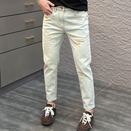 设计款手绘印花牛仔裤男浅蓝色