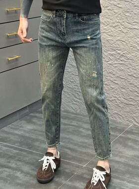 高端刮烂复古牛仔裤男修身小脚2025春夏季新款个性烫钻弹力休闲裤