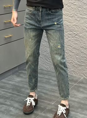 高端刮烂复古牛仔裤男修身小脚
