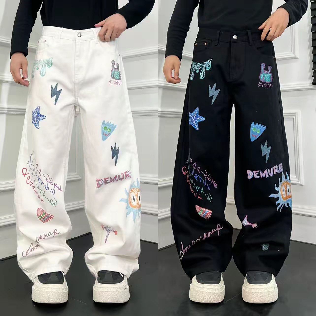 设计款个性彩色涂鸦印花牛仔裤男宽松直筒拖地长裤潮牌贴皮阔腿裤,男装,牛仔裤,淘宝优惠券,粉丝福利购,淘宝优惠卷