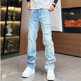 设计款破洞牛仔裤男水洗渐变蓝色直筒长裤2026夏季新款刮烂休闲裤