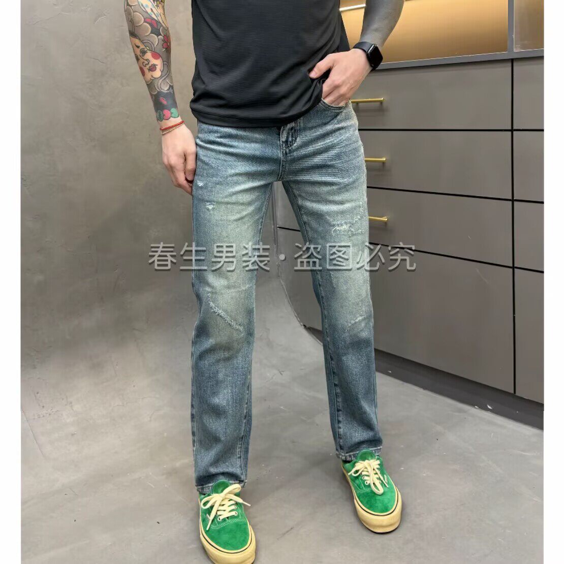 高端复古蓝色牛仔裤男合身小直筒做旧刮烂长裤新款潮流显瘦休闲裤