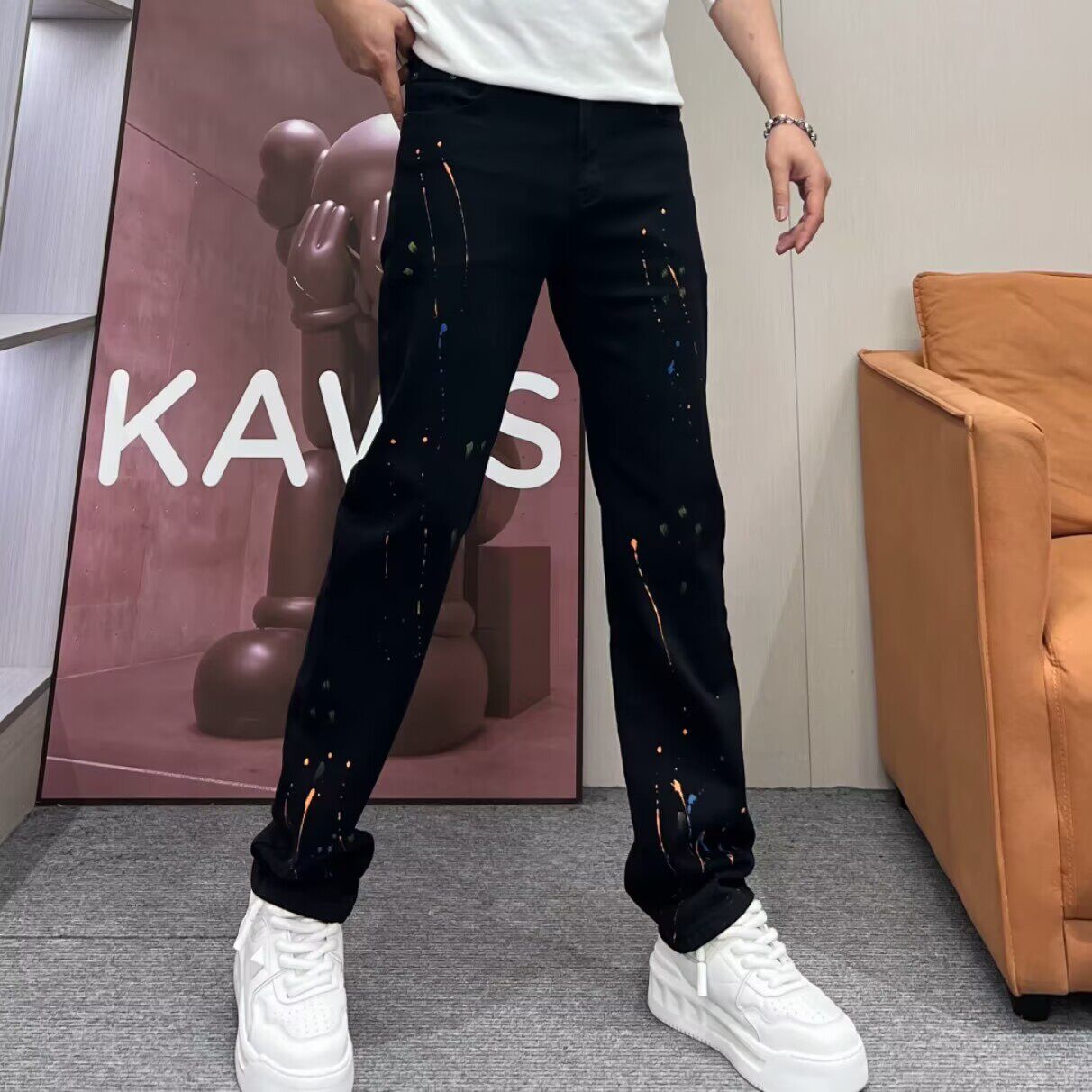 设计款彩色涂鸦印花牛仔裤男宽松直筒长裤2026春季潮流泼墨休闲裤