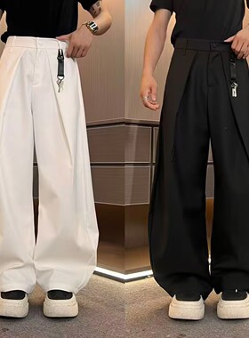 设计款褶皱弯刀西裤男宽松2025秋季新款时尚个性流苏装饰阔腿长裤