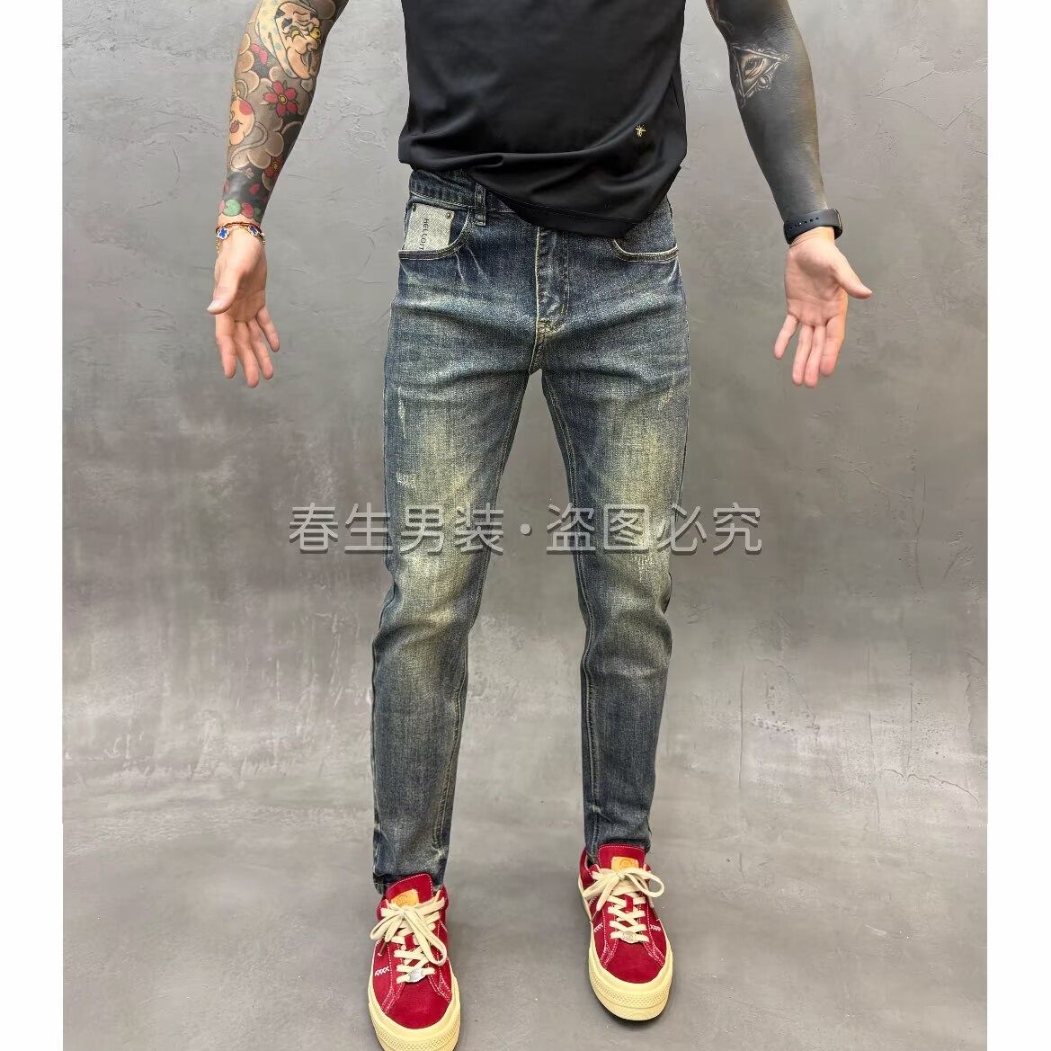 高端水洗复古蓝色牛仔裤男修身小直筒秋冬季新款做旧刮烂休闲长裤