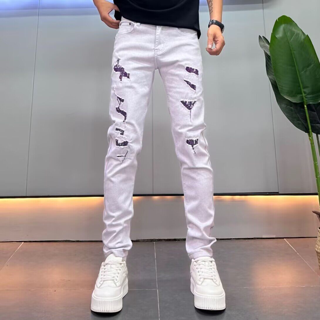高级感灰白色假破洞牛仔裤男修身小脚弹力长裤2026新款韩版休闲裤