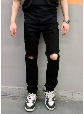 高街破洞牛仔裤男防掉色春夏季新款时尚潮流弹力黑色牛仔休闲长裤