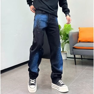 高级感星空彩色涂鸦印花牛仔裤男宽松直筒痞帅高街长裤时尚休闲裤