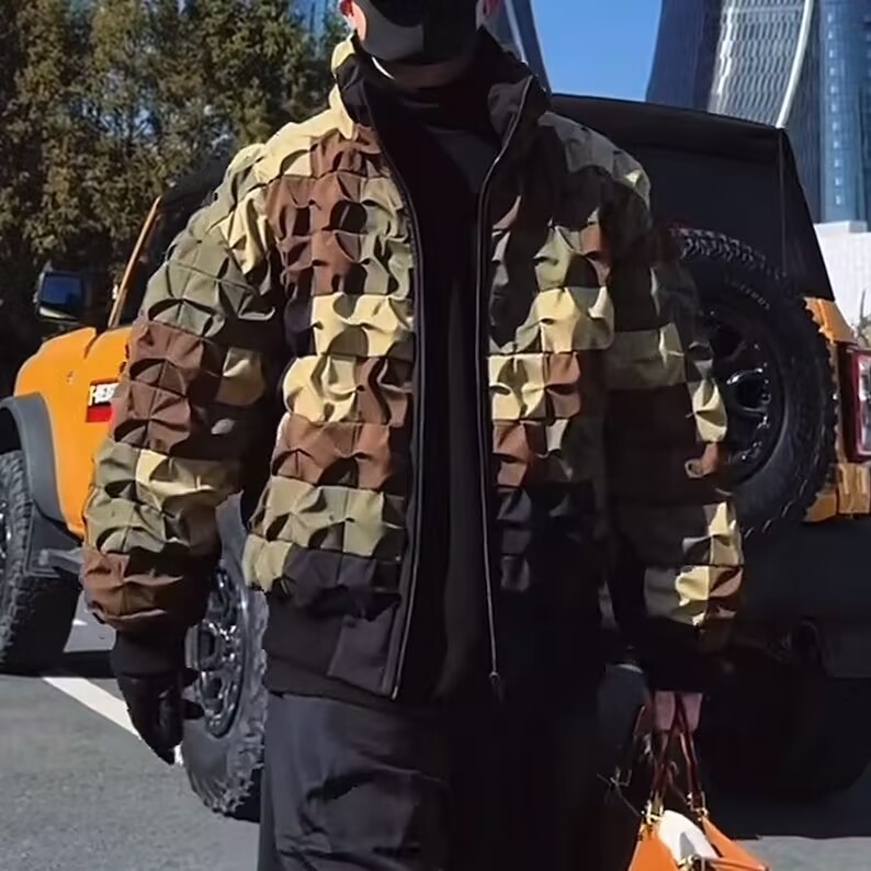 高端个性迷彩拼色鹅绒服男立领保暖90白鹅绒外套冬季褶皱羽绒衣服