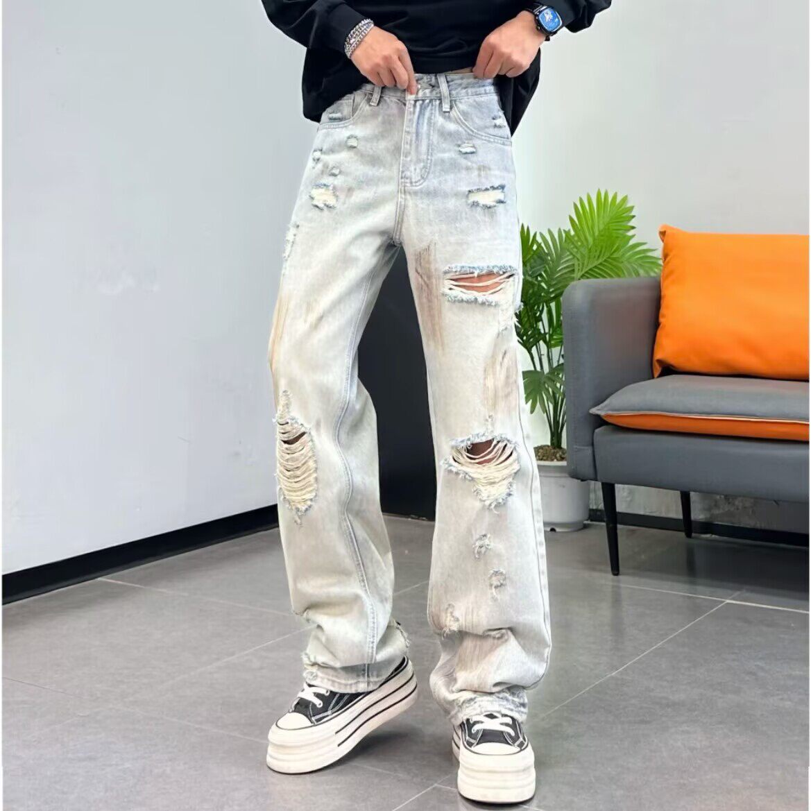 高级感美式复古破洞牛仔裤男宽松直筒2026春夏季新款刮烂做旧长裤